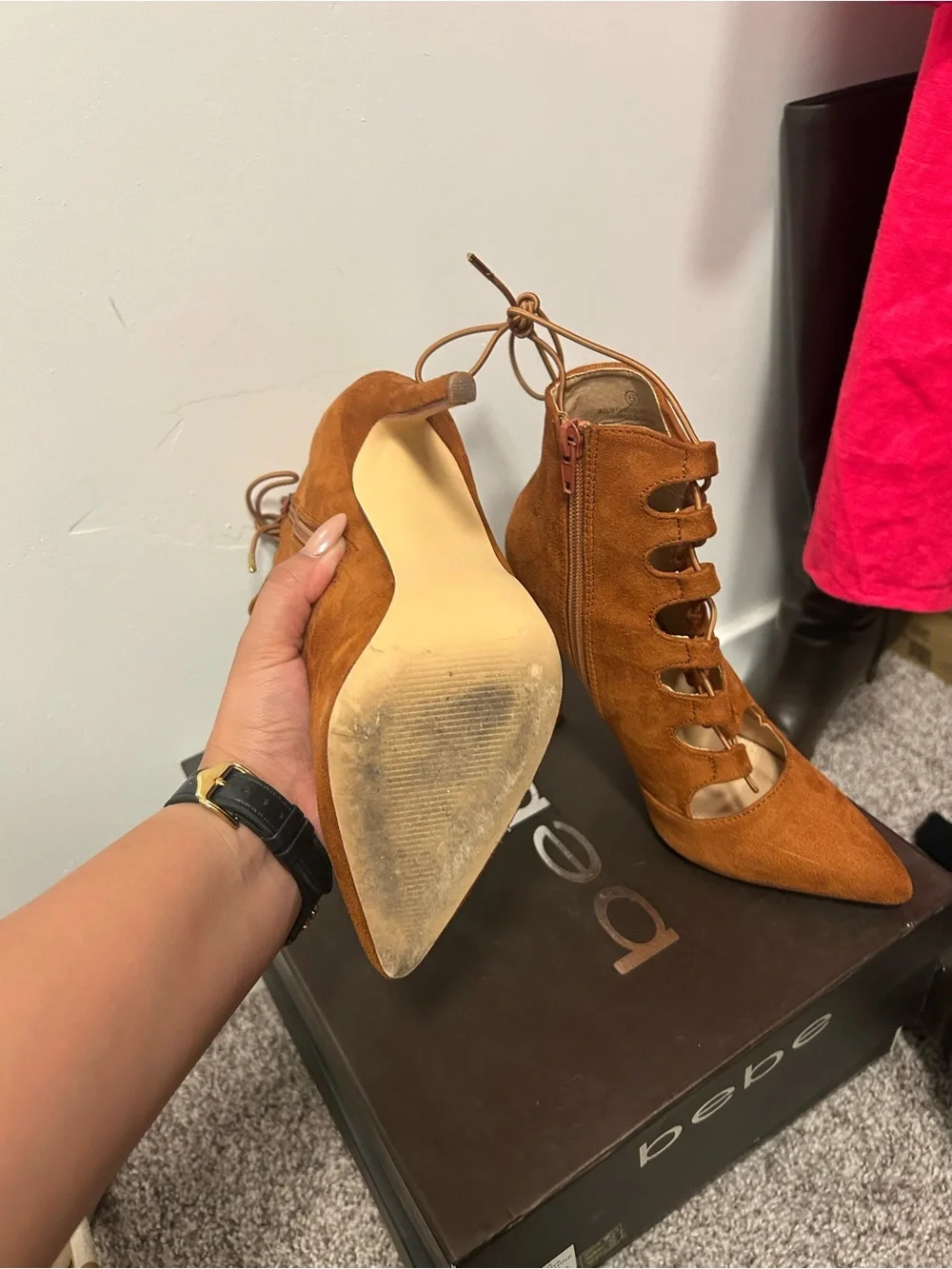 Liliana Rust Suede Lace-Up Pointed-Toe Ankle Booties